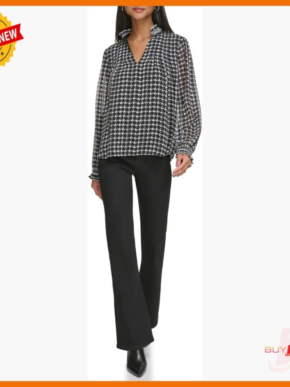 Long Sleeve Houndstooth Blouse Regular Fit V-Neck Casual Button Down Shirt